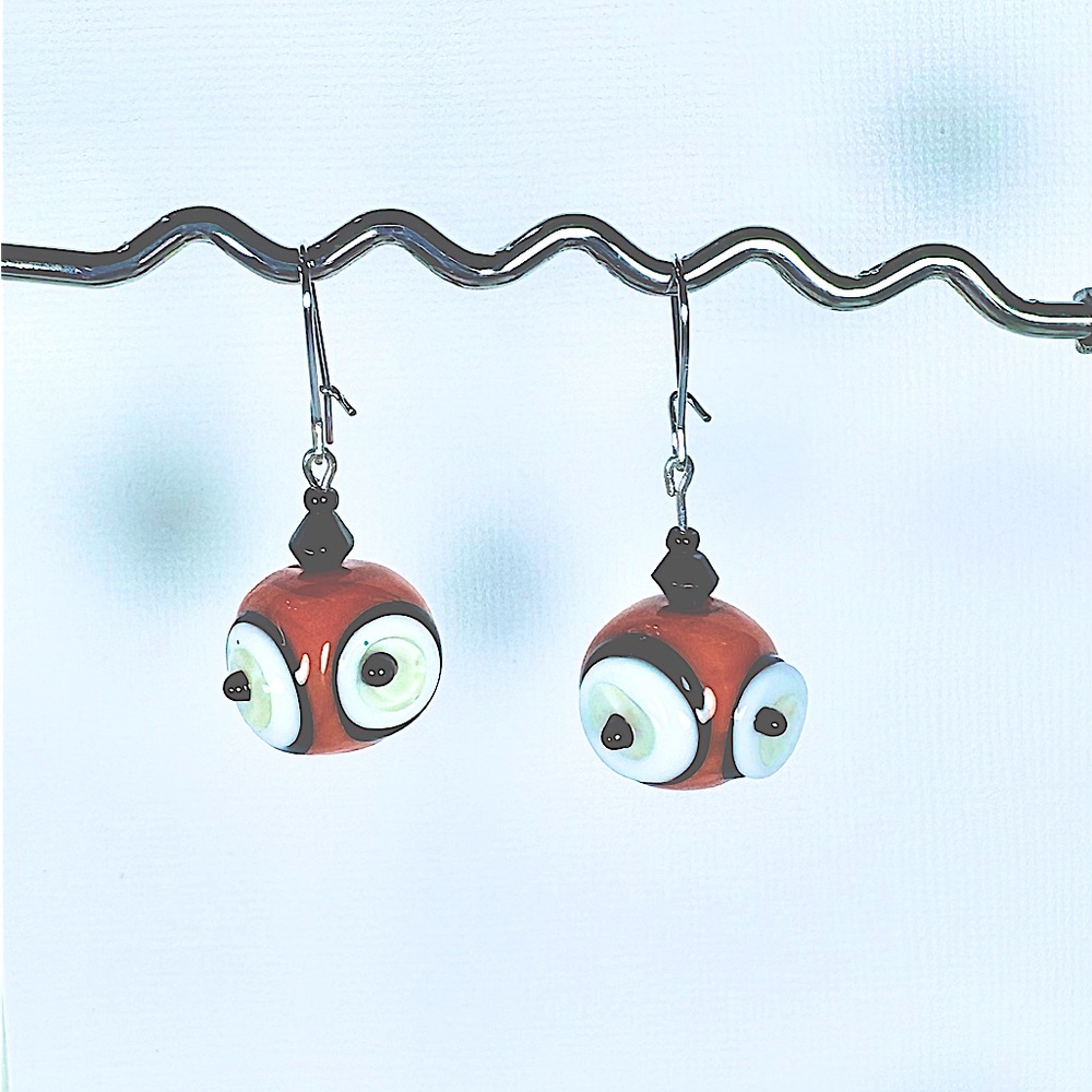 Earrings Pierced Handcrafted Unique Halloween Bug Eyes Orange Glass Beads 🎃👽